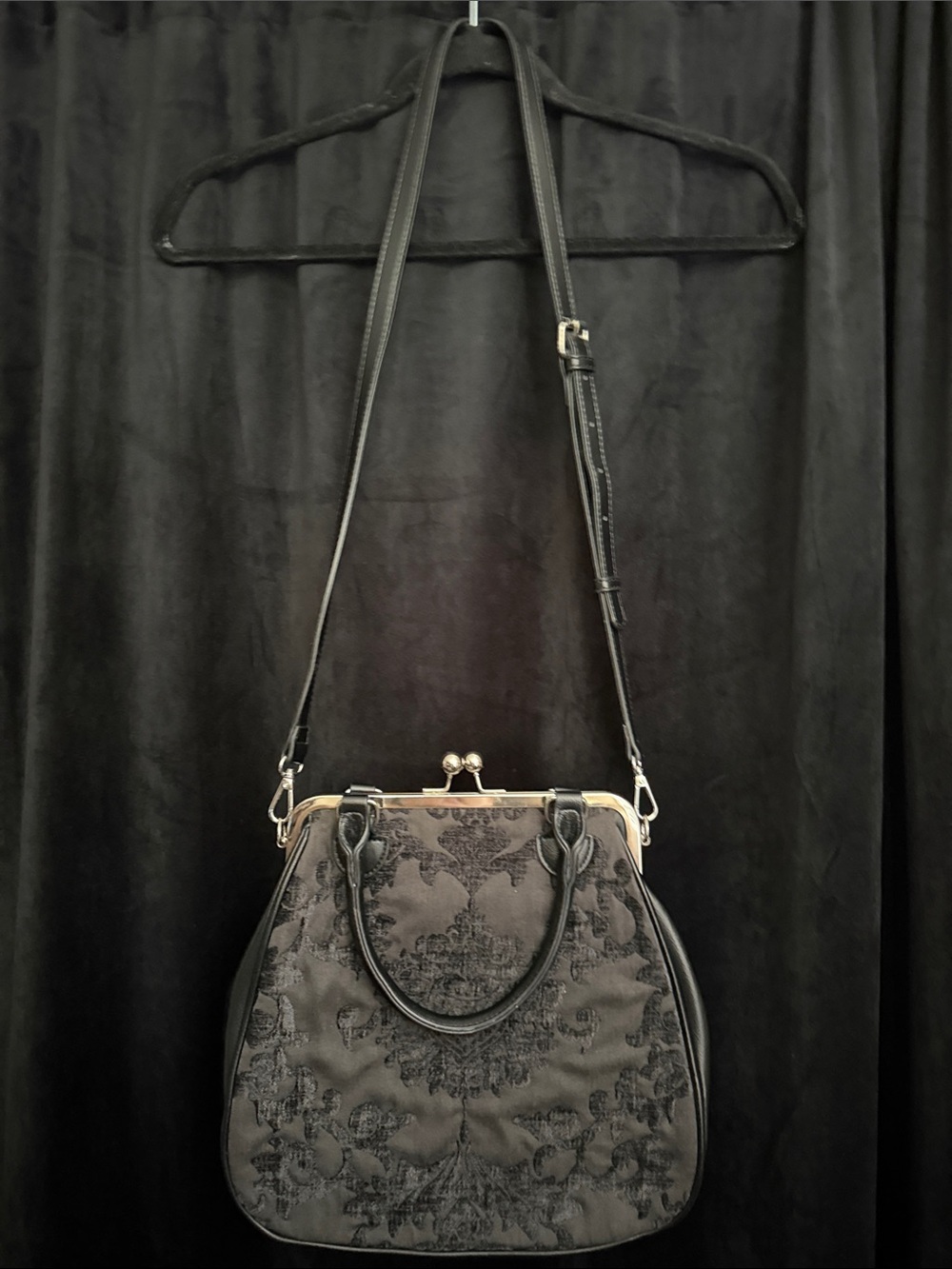 Dolls Kill - Elegant Black Floral Jacquard Frame Satchel - Women Bags